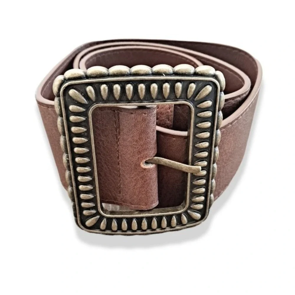 Wide Brown Western Faux Leather waist Belt OS Boho Chunky Buckle Statement